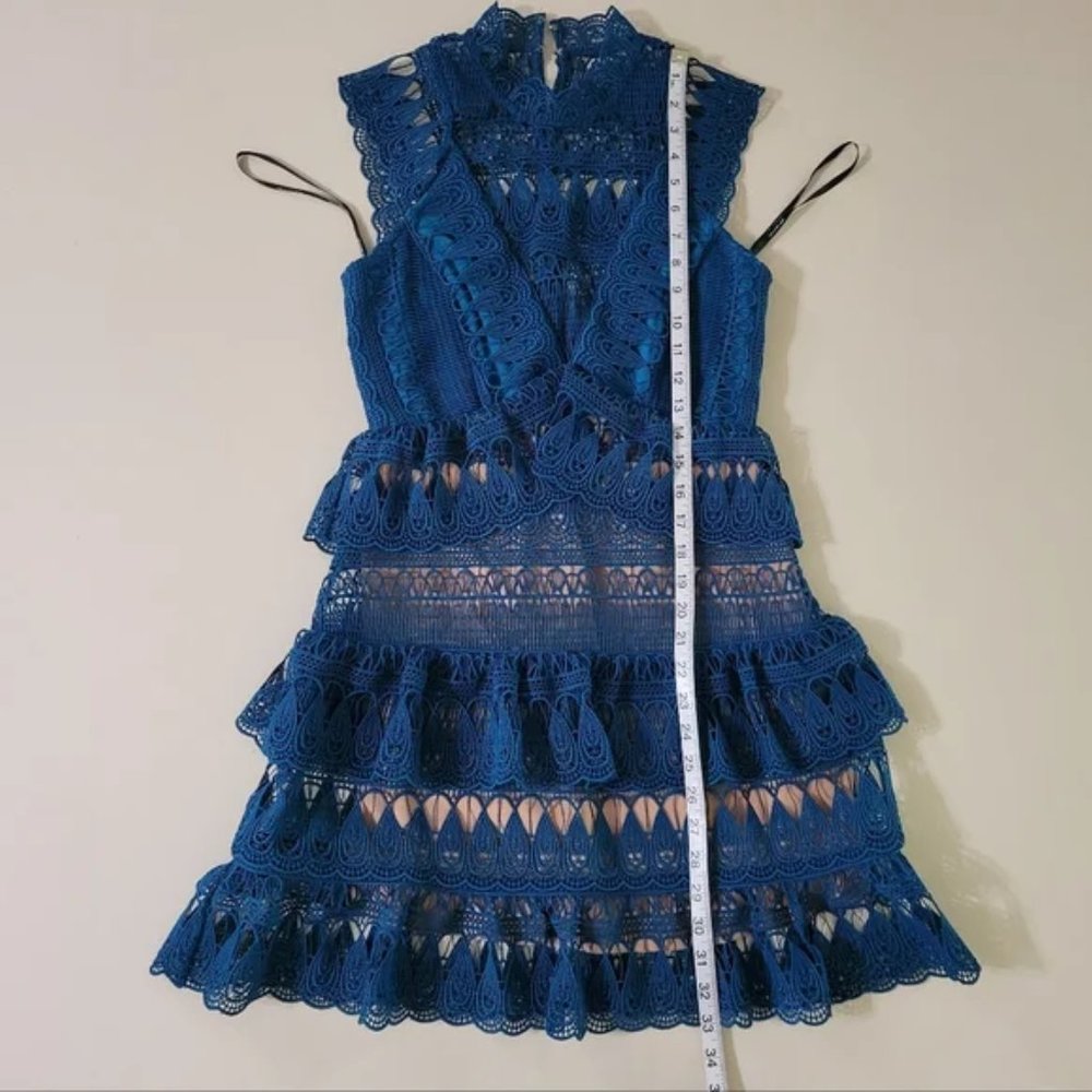 Self-Portrait Tiered Lace Mini-Dress in Teal - Picture 4 of 12